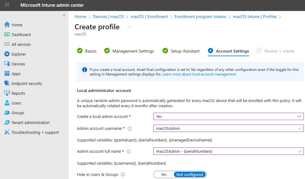 Account settings for macOS LAPS admin account